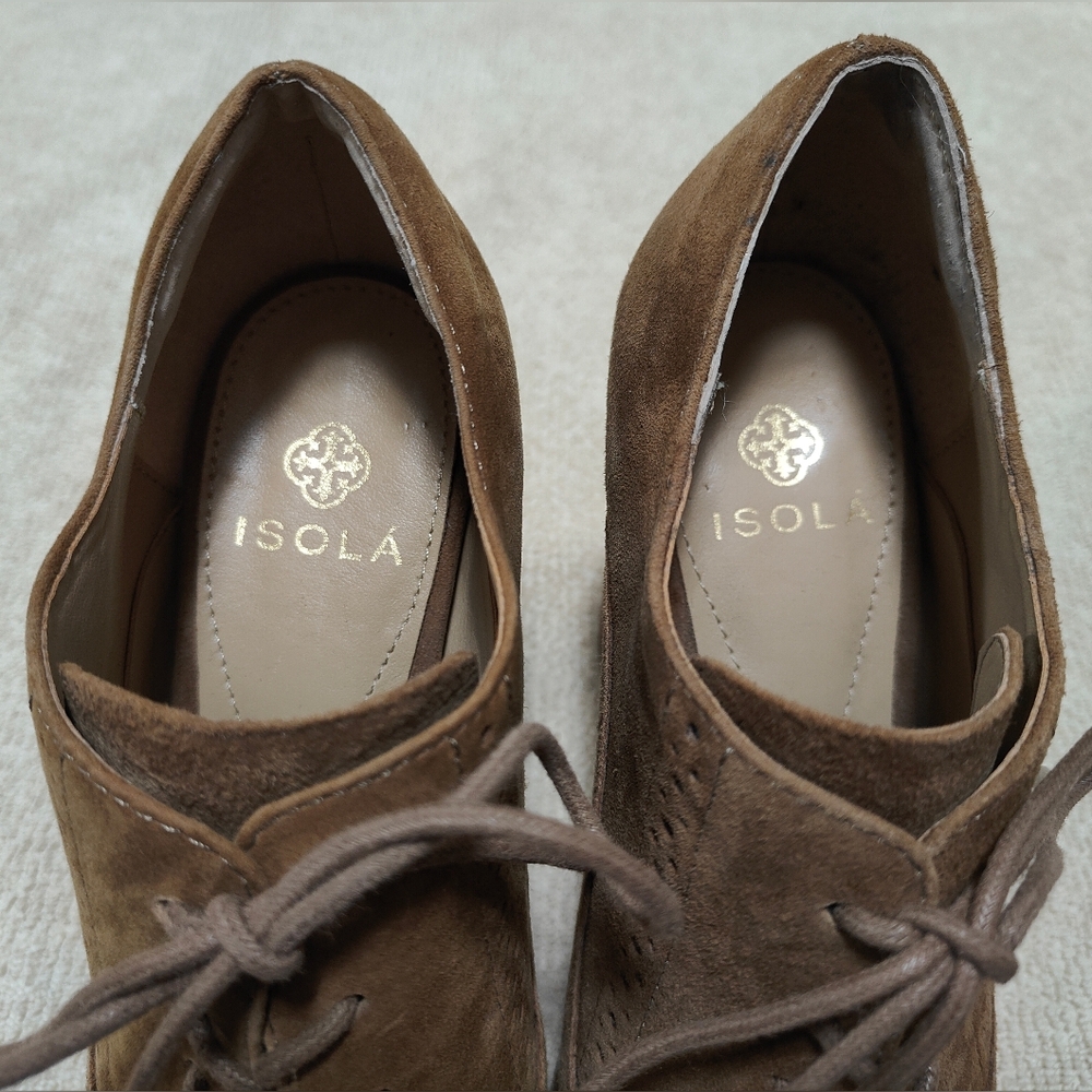 Brown Suede Lace-Up Heeled Oxford Shoes - Picture 6 of 8